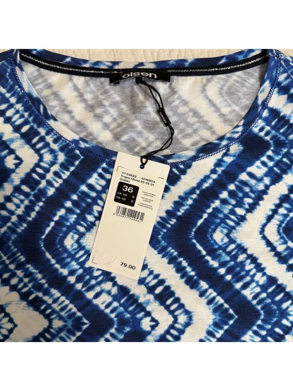 Olsen Blue White Tie Dye Chevron Short Sleeve Cotton Top T-Shirt Womens Size 6 - Picture 8 of 12